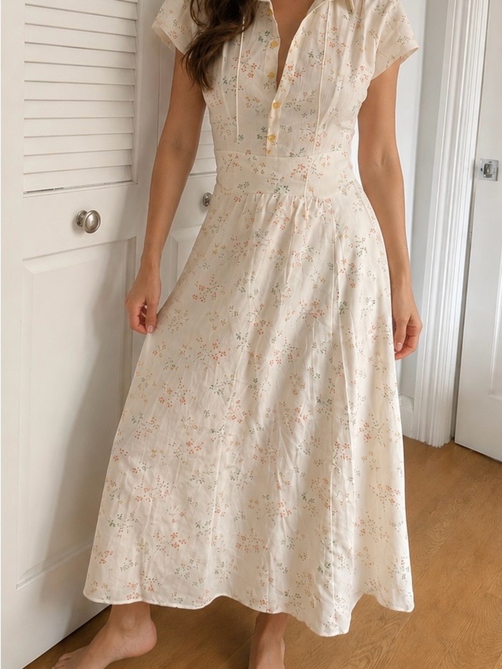 Cream Floral Midi Dress with Button-Front Detail